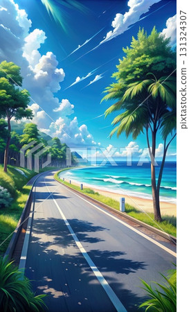 Painting of Beach and Trees Along Diagonal Road. Generative AI 131324307