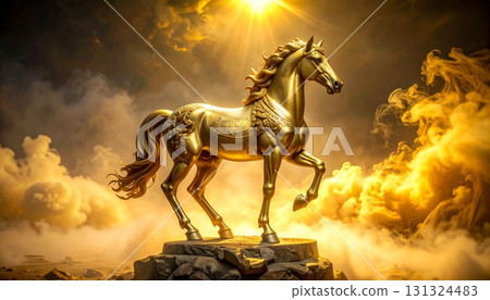 Shiny gold horse figurine, dreamy background with light 131324483