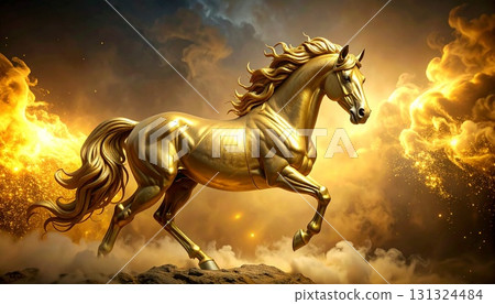 Shiny gold horse figurine, dreamy background with light 131324484