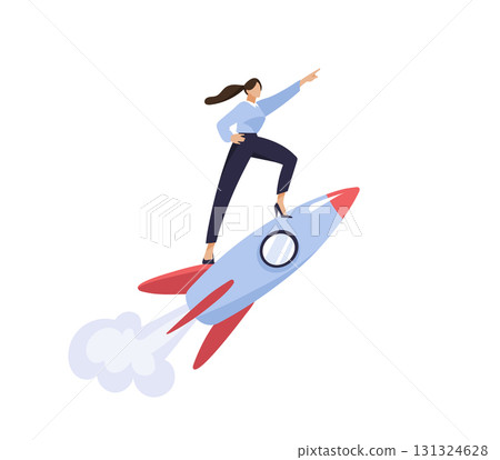 A businesswoman flies on a rocket, pointing forward. Flat vector isolated illustration. Concept of startup, leadership, and business growth. A businesswoman flies on a rocket, pointing forward. Flat vector isolated illustration. Concept of startup, leadership, and business growth. 131324628