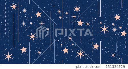 Star shower, seamless pattern with stars and glowing dots on a blue sky background. Repeating texture with stars and dots. Space and astronomy concept. Vector illustration. 131324629
