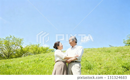 Happy living and senior life of elderly couples. Elderly couples smiling in the park and in nature. 131324683