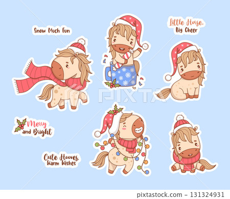 Cute Christmas winter Little Horse Stickers. Isolated Funny Vector New Year Animal in Santa Hat and Scarf, in Cup, with Holiday Garland and cool Slogans. Symbol 2026 year to Eastern calendar. Not AI 131324931