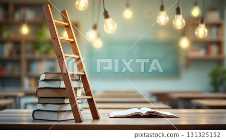 A light bulb on books illustrates the concept of learning, highlighting themes of education and back-to-school preparation 131325152