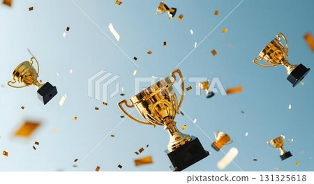 Gold trophies float gracefully, embodying success and achievement in education, with a colorful back-to-school background 131325618