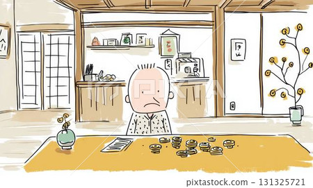 A senior man counting coins in a Japanese-style room and worrying about his retirement life and loan repayments 131325721