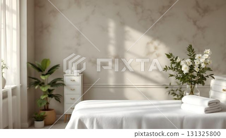 A white bed with a neatly folded white towel, set in a beauty salon environment for skincare and self-care treatments A white bed with a neatly folded white towel, set in a beauty salon environment for skincare and self-care treatments 131325800