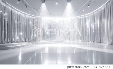 Luxurious white and silver stage with shining spotlights and a sparkling background Luxurious white and silver stage with shining spotlights and a sparkling background 131325844