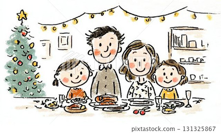 Commemorative photo illustration of a smiling family of four having Christmas dinner 131325867