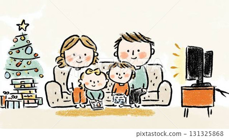 一家四口在沙發上看電視度過聖誕節 131325868