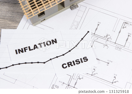 Inscriptions crisis and inflation, small house under construction Inscriptions crisis and inflation, small house under construction 131325918