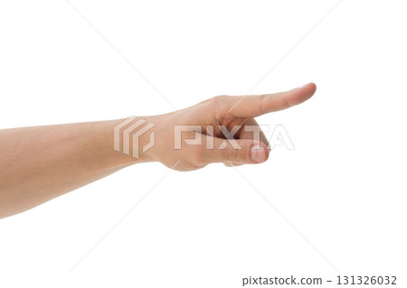 Adult man hand point with index finger isolated on white background 131326032