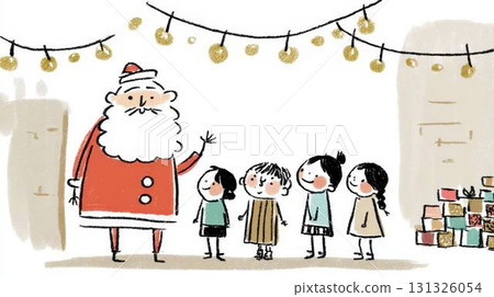 聖誕老人在禮物前向孩子揮手致意 131326054