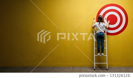 A ladder rests against a wall with a target painted on it, representing success and strategic goal-setting 131326128