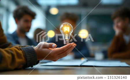 Individual grasping a light bulb, representing achievement and innovative thinking during a strategic meeting 131326140