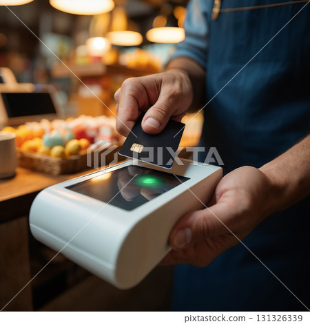 Close-up shot of a hand holding a credit card 131326339