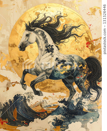 A Japanese painting-style background of a golden sun and a dynamic swift horse of the zodiac 131326446