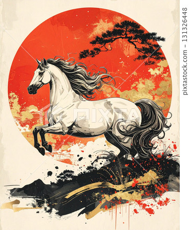 A Japanese painting-style background of a golden sun and a dynamic swift horse of the zodiac 131326448