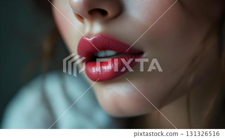 A woman's lips painted in bold red lipstick, capturing the beauty and texture of the makeup in a close-up shot 131326516