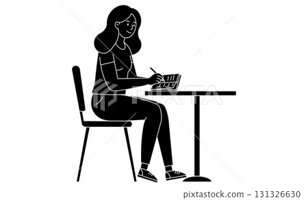 線條藝術風格的圖標，一位女士在桌邊學習，用筆在筆記本上書寫 131326630