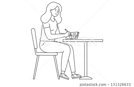 線條藝術風格的圖標,一位女士在桌邊學習,用筆在筆記本上書寫 線條藝術風格的圖標,一位女士在桌邊學習,用筆在筆記本上書寫 131326633