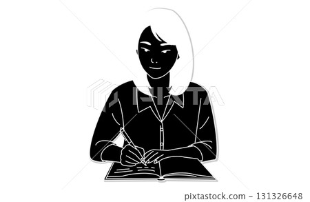 Line art style icon of a woman studying at a table writing with a pen in a notebook 131326648