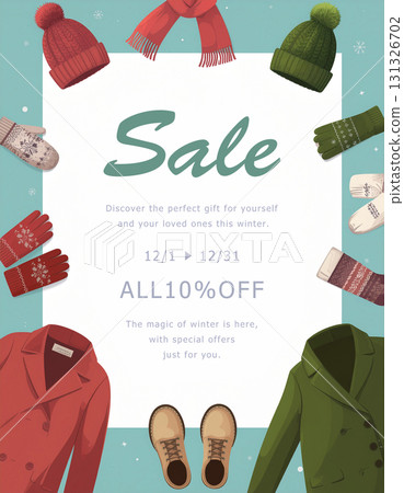 Winter sale flyer featuring stylish winter coats, gloves, and other winter fashion items 131326702