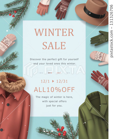 冬季促銷傳單,展示時尚的冬季外套、手套和其他冬季時尚商品 冬季促銷傳單,展示時尚的冬季外套、手套和其他冬季時尚商品 131326706