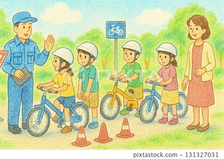 學生、指導員和老師在露天教室學習如何騎自行車和交通規則 131327031