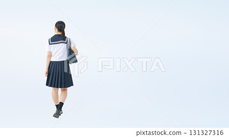 A full-body photo of a female student wearing a sailor uniform walking from behind A full-body photo of a female student wearing a sailor uniform walking from behind 131327316