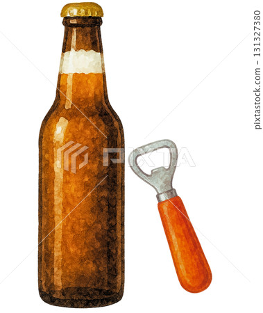 一瓶啤酒和開瓶器的插圖-手繪和水彩風格-透明背景 131327380