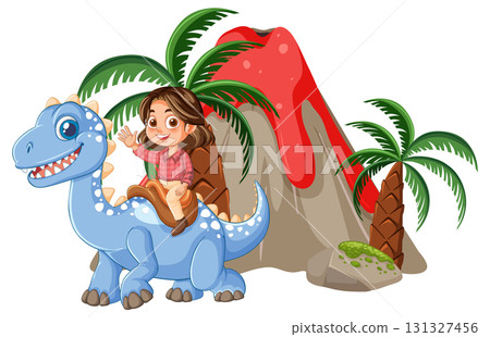 Smiling Girl Riding Blue Dinosaur Near Volcano 131327456