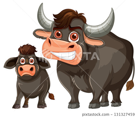 Cartoon Water Buffalo and Calf Smiling on White Background Cartoon Water Buffalo and Calf Smiling on White Background 131327459