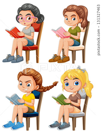 Four Girls Sitting on Chairs Reading Books Vector Illustration 131327463