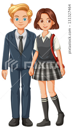 Smiling Schoolboy and Schoolgirl in Uniform Standing Together 131327464