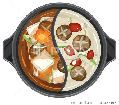 Yin Yang Hot Pot with Vegetables and Tofu Illustration 131327467