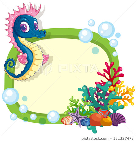 Colorful Seahorse with Coral Frame and Bubbles Illustration 131327472