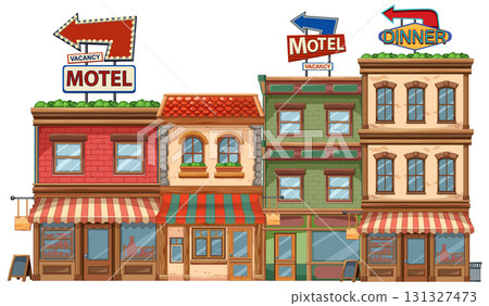 Colorful Street Row With Motels and Diner Signs 131327473