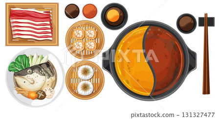 Top View of Asian Hot Pot Meal with Ingredients 131327477