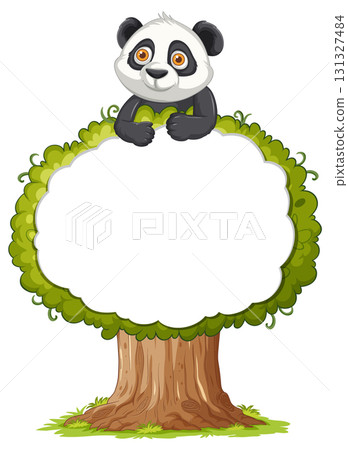 Cartoon Panda Above Tree With Blank Sign Space Cartoon Panda Above Tree With Blank Sign Space 131327484