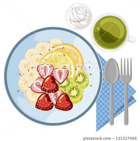 Healthy Fruit Breakfast Plate with Green Tea and Yogurt 131327488