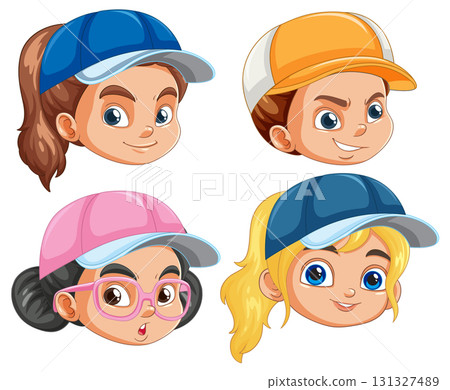Cartoon Kids Wearing Colorful Baseball Caps Vector Illustration 131327489