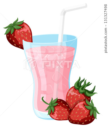 Glass of Strawberry Milkshake with Fresh Strawberries and Straw Glass of Strawberry Milkshake with Fresh Strawberries and Straw 131327498