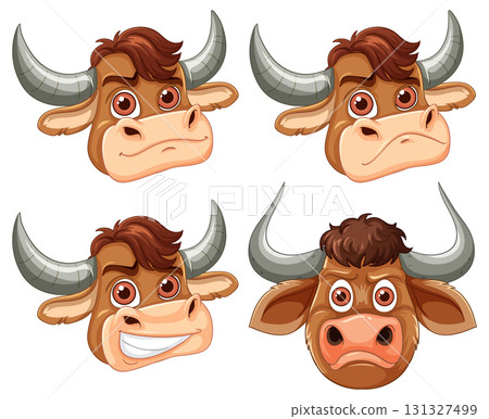 Cartoon Bull Faces with Varied Expressions Vector Set 131327499