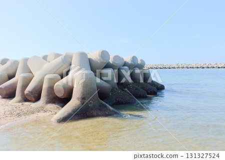 Tetrapods and breakwaters line the sea at Fujie Coast 131327524