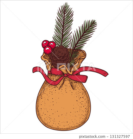 Hand drawn Christmas bag with fir branches, pine cone, berries. Vector illustration. 131327597