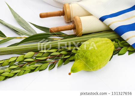 Sukkot Symbols. Image of Sukkot symbols lulav, etrog, myrtle, willow 131327656