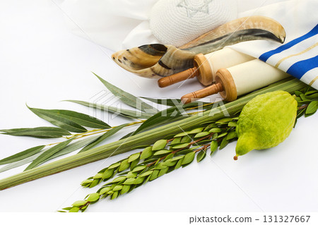 Jewish Festival Symbols. Jewish ceremonial objects including a shofar, etrog, lulav, and tallit 131327667