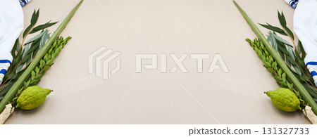 Traditional Sukkot Arrangement. A close-up of Sukkot symbols including an etrog, lulav Traditional Sukkot Arrangement. A close-up of Sukkot symbols including an etrog, lulav 131327733