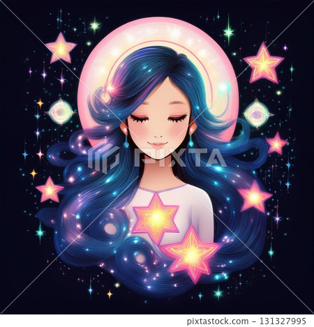 一位長髮閉眼、周圍環繞著星星的女人 131327995